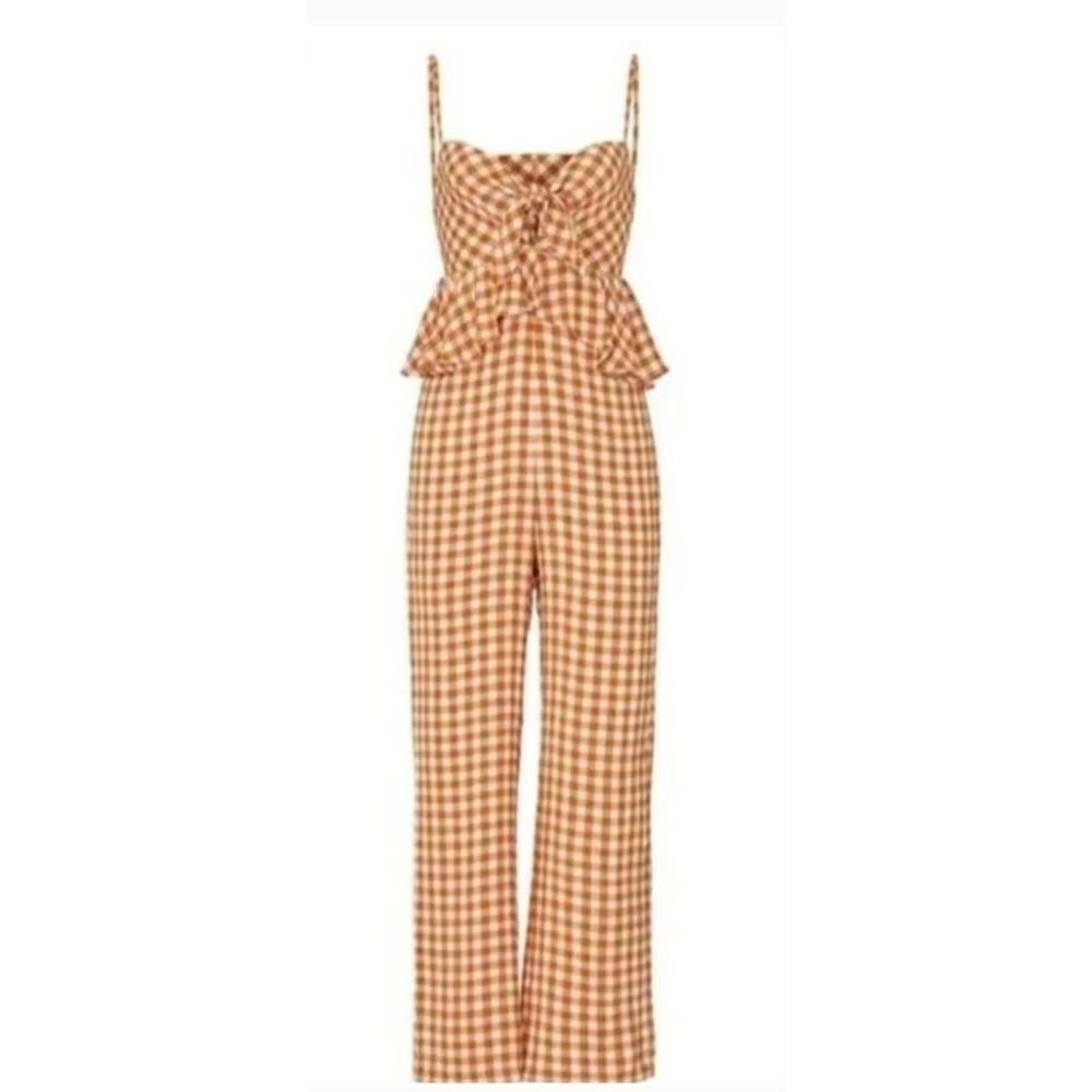 Saylor Laken Jumpsuit Apricot Ruffle Peplum Gingham Travel Cruise sz Small